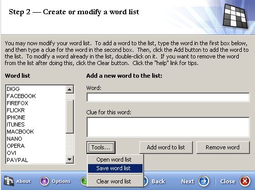 Creating the WordList - remember to save!