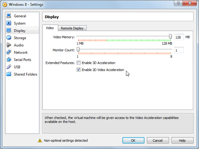 Windows 8 VM Settings