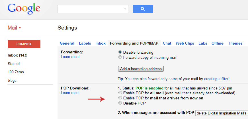 Gmail POP3 Settings