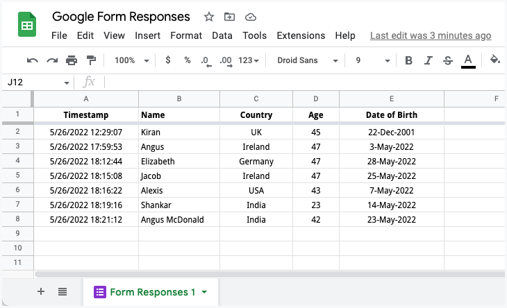 Google Forms Response Sheet