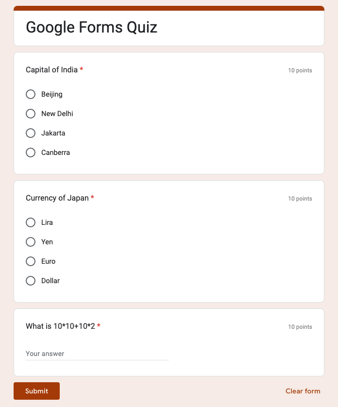 Google Form Quiz