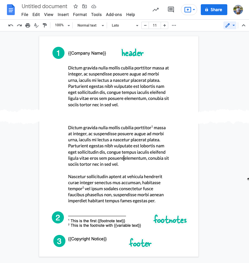 Header and footer in Google Docs