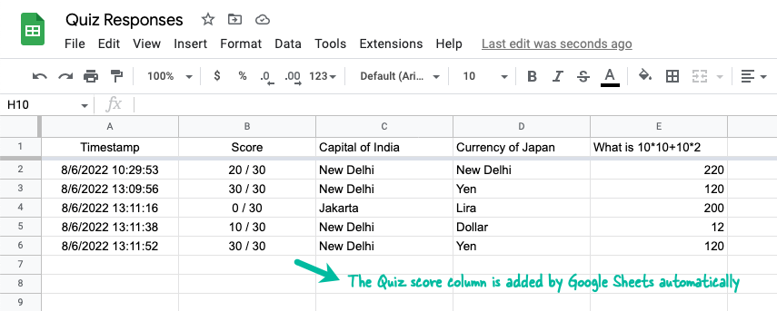 Google Forms Quiz Score in Google Sheets