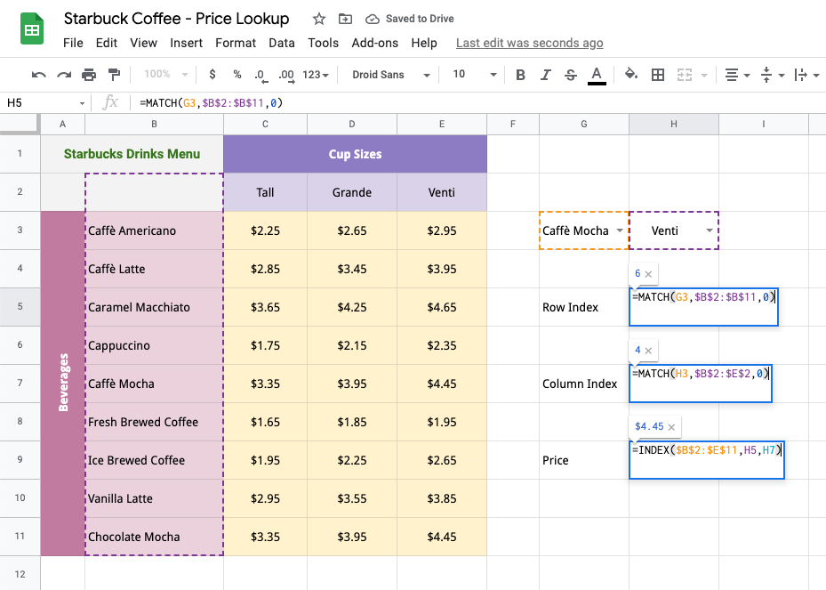 MATCH function in Google Sheets Price Table