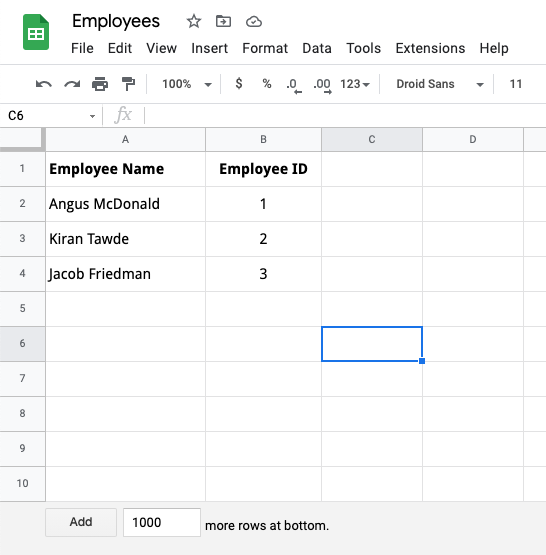 Employee List in Google Sheets