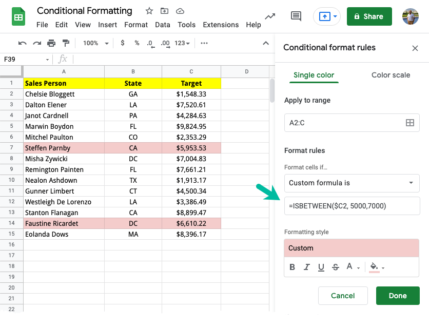 Highlight Rows in Google Sheets