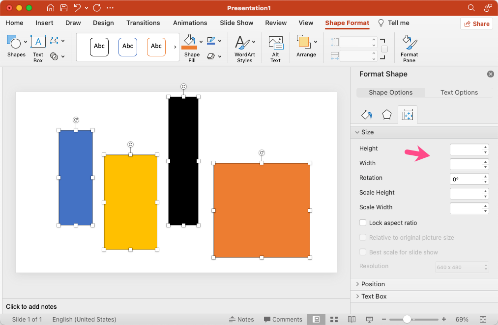 Resizes Shapes in Microsoft PowerPoint