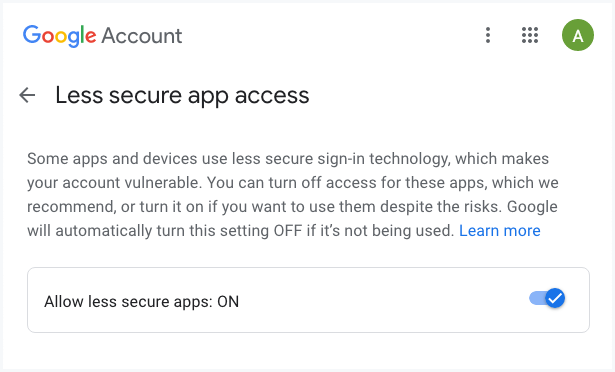 Enable Less Secure Apps in Google Account