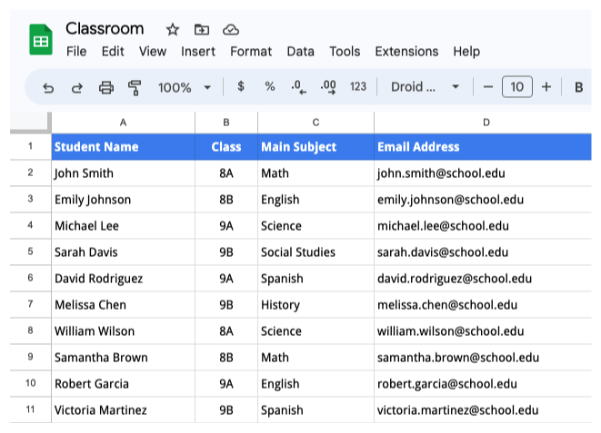 Students' data in Google Sheets