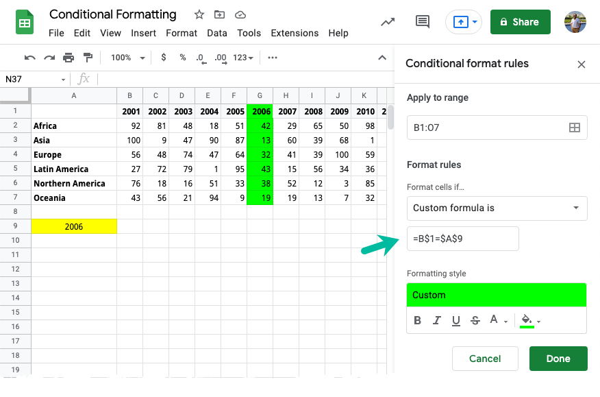 Conditional Formatting Column in Google Sheets