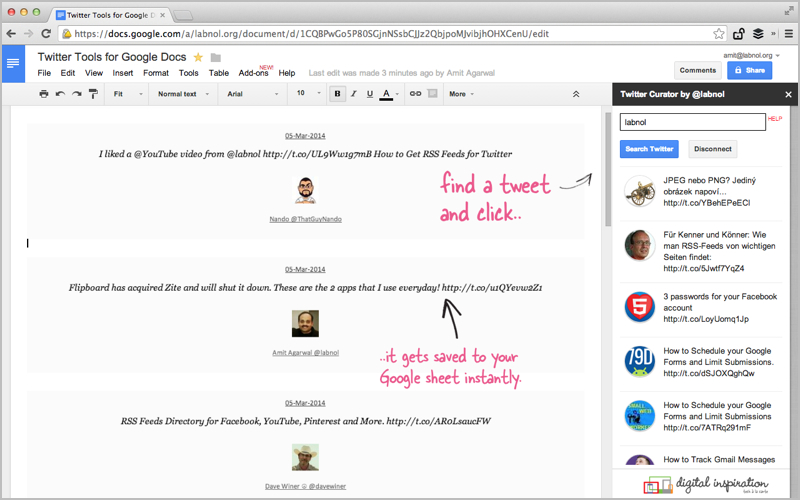 Twitter Curator is an add-on for Google Docs and Sheets