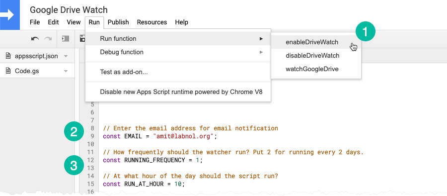 Configure Google Drive Watch Email