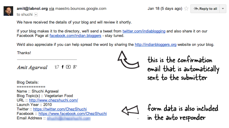 A sample auto confirmation email sent through Google Forms