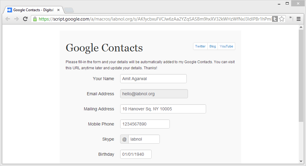 Google Contacts Form