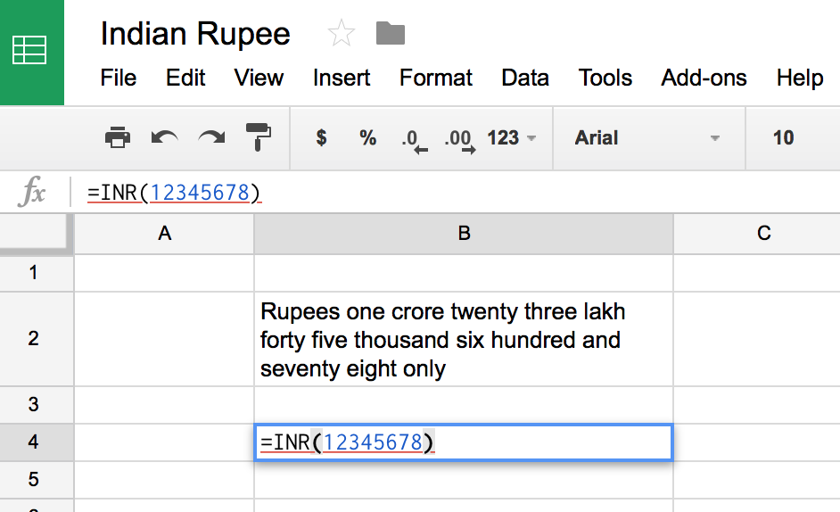 Indian Rupee in Google Sheets