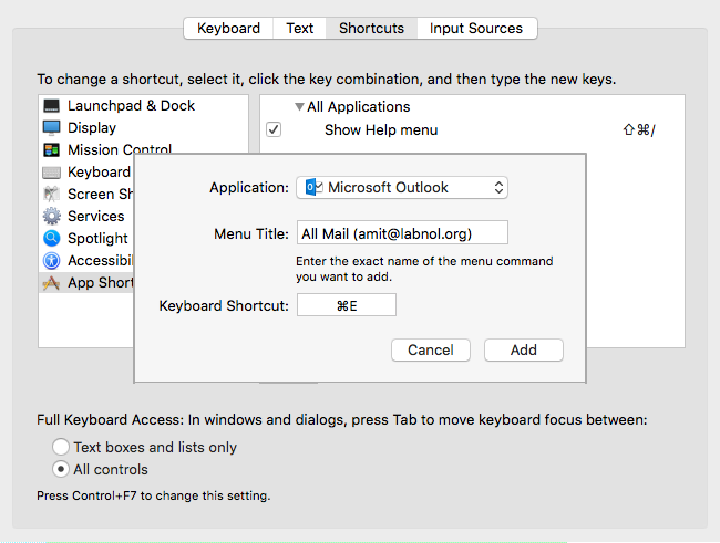 Create Outlook App Keyboard Shortcut