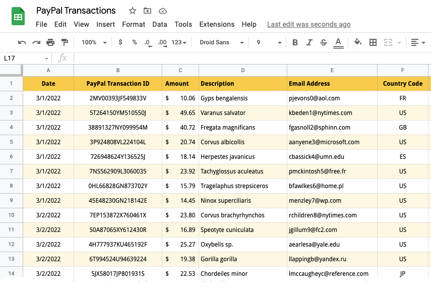 PayPal transactions in Google Sheets