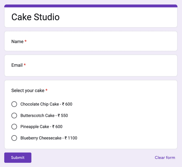 Google Form for Orders