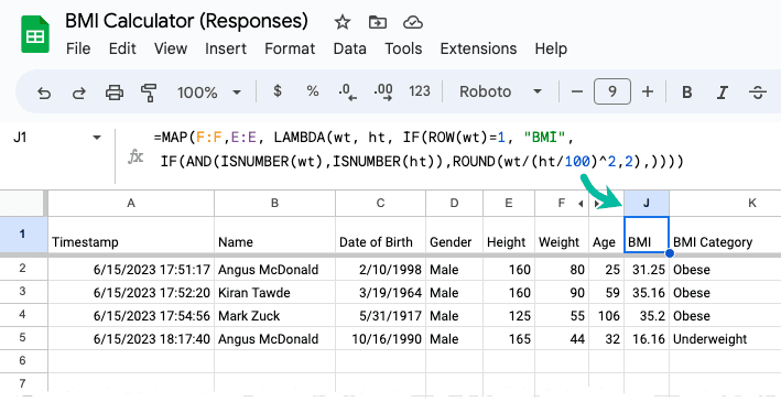 BMI Calculations in Google Sheets