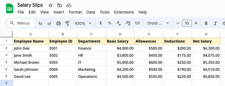 Employee Salary Slips in Google Sheets