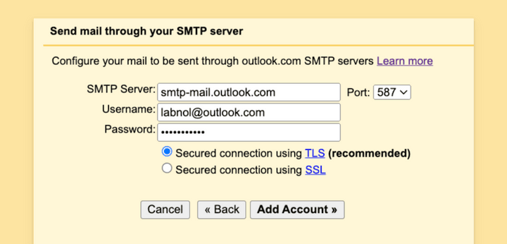 Add Outlook SMTP Server